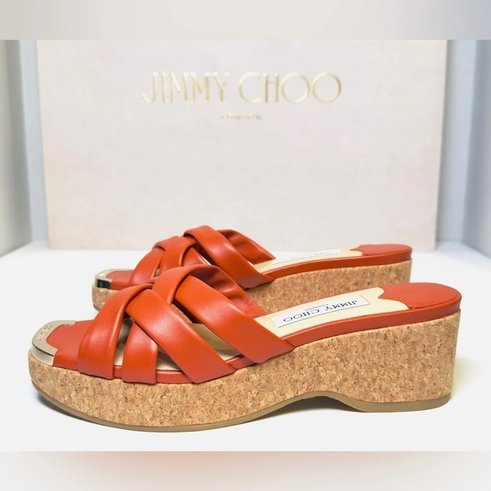 Jimmy Choo Maribou 50 Platform Wedge Slide Sandals Orange Napa Leather Size 38
